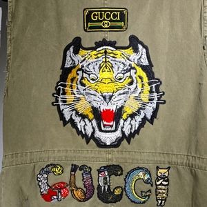 Military vest, army green, upcycled into a designer vest inspired by GG patches